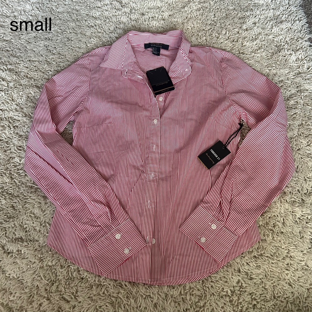 Forever 21 Women's Red Striped Button Down Shirt